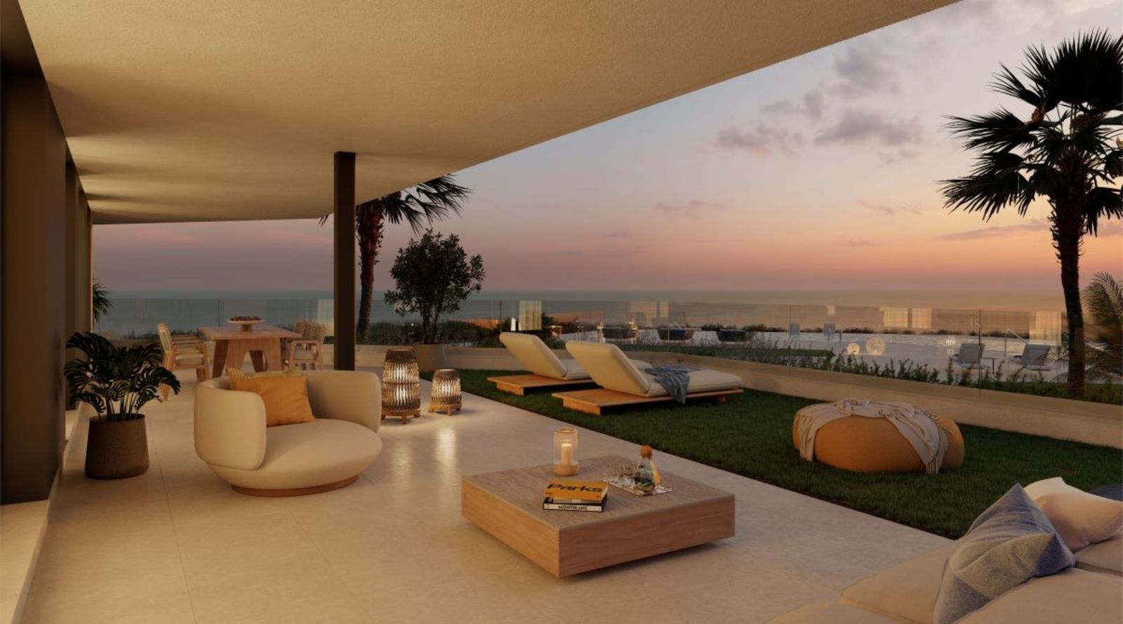 Luxe villa met buitenleven en zeezicht bij zonsondergang.