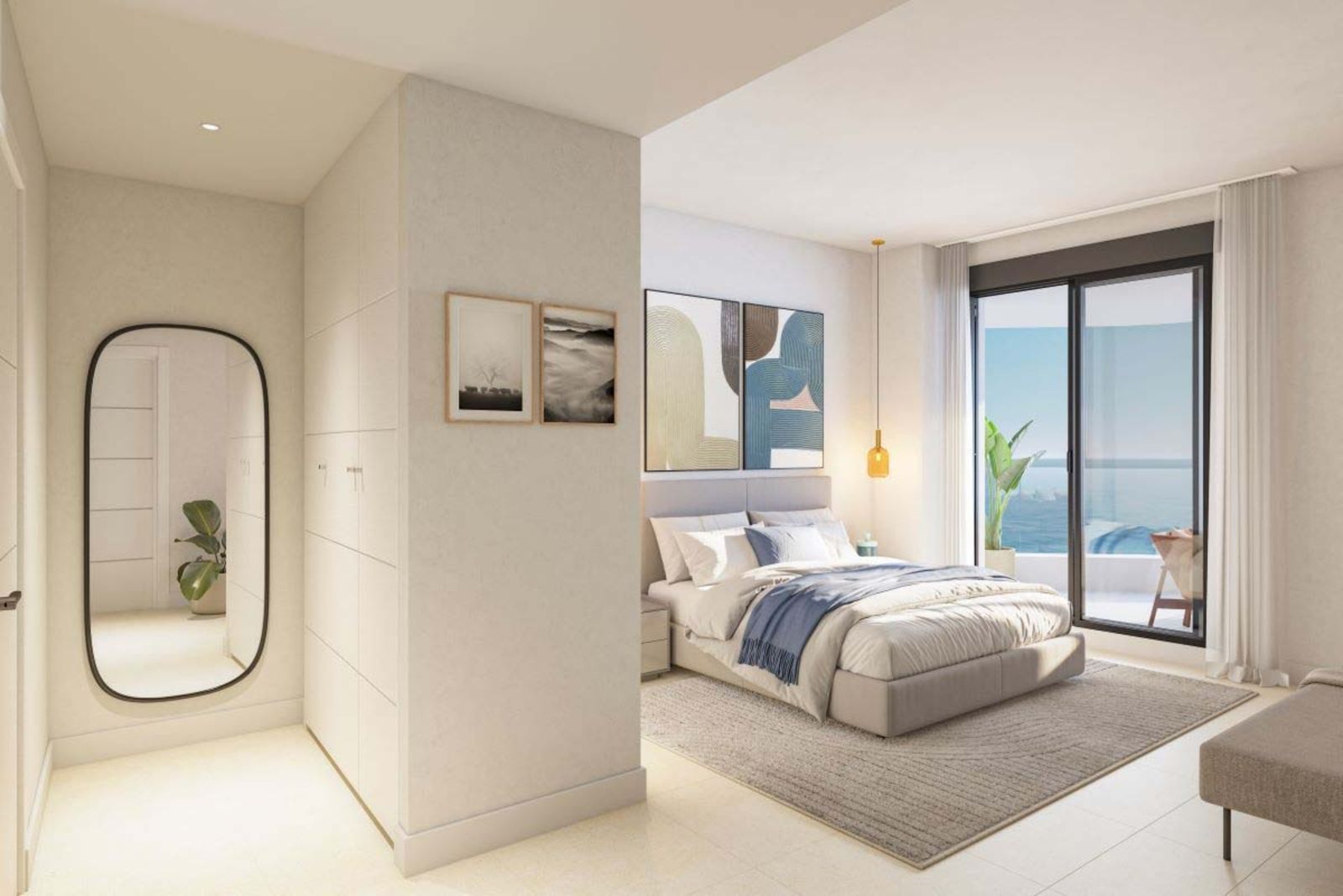 Moderne slaapkamer met balkon en uitzicht op zee